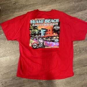 Harley Davidson Miami Beach Red Graphic Biker Motorcycle Tee 2XL